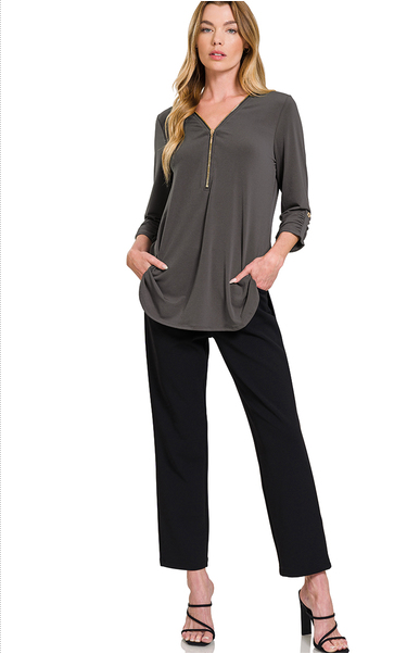 The Rosa ITY Front Zip 3/4 Sleeve Top