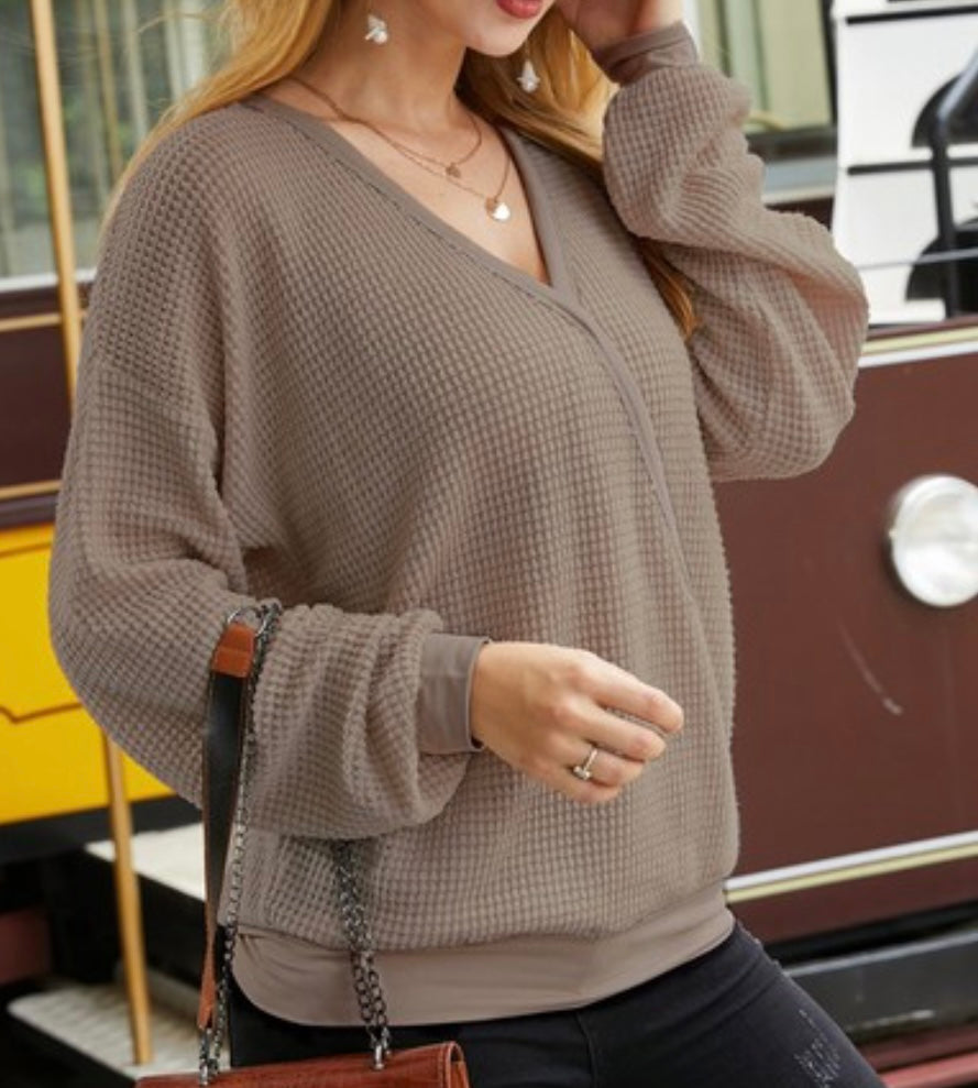 V-Neck Waffle Knit Crossover Top