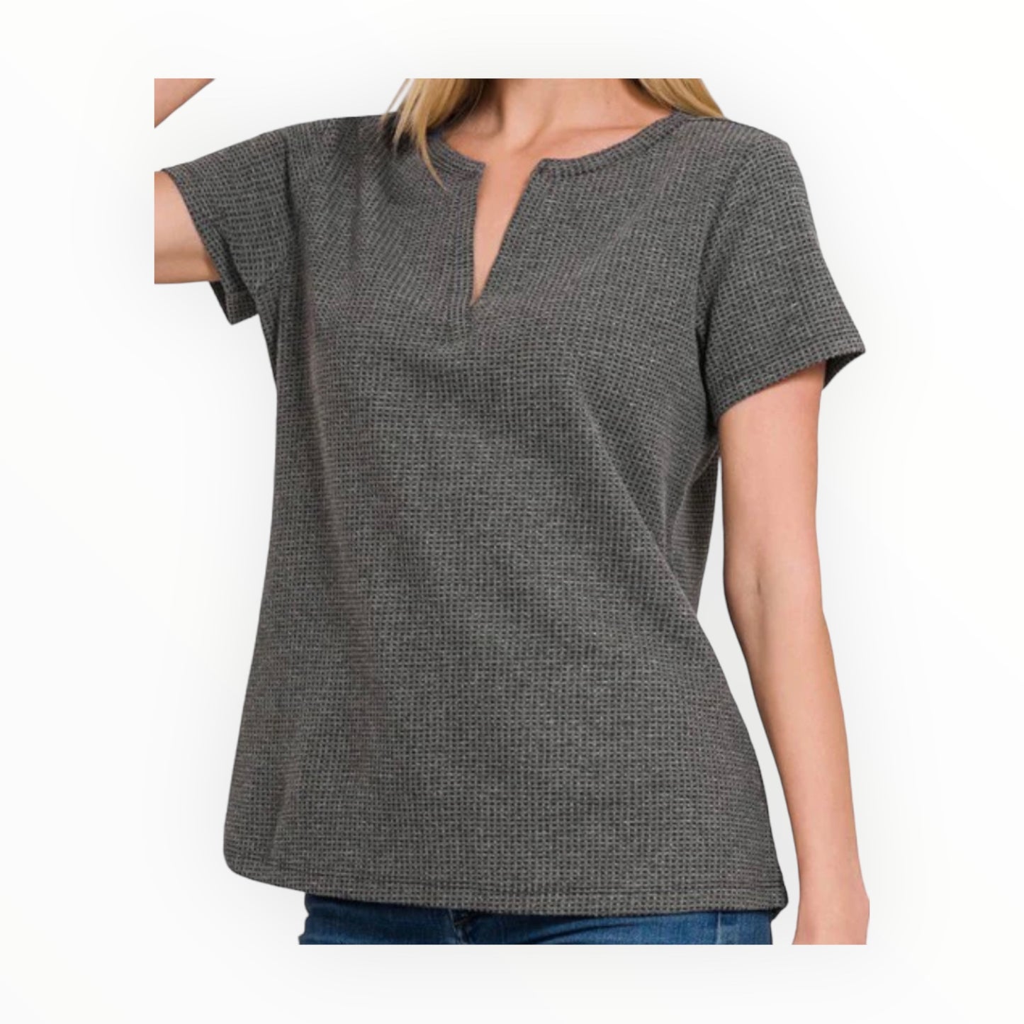 Melange Waffle V-Neck Top