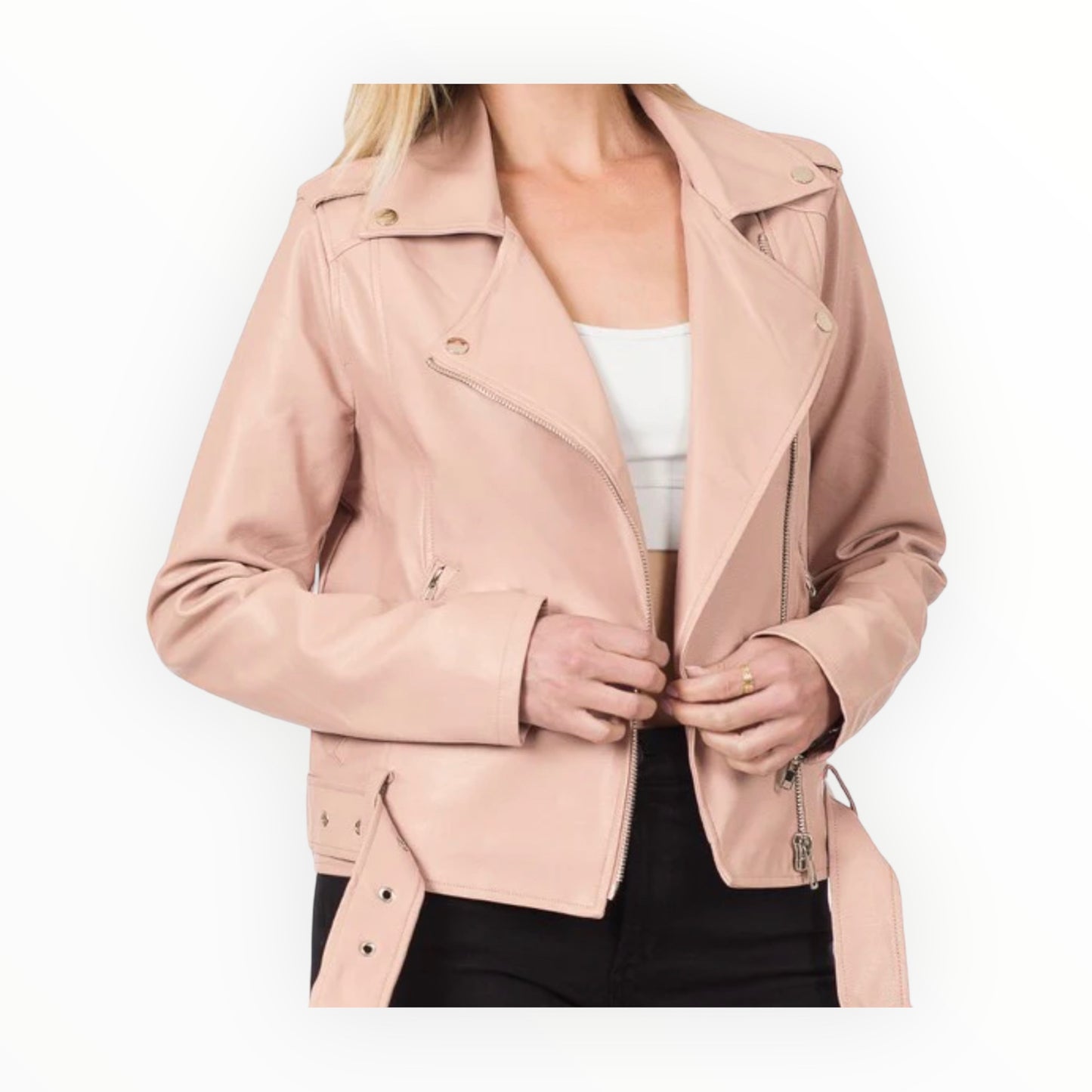Vegan Leather Belted Moto Jacket