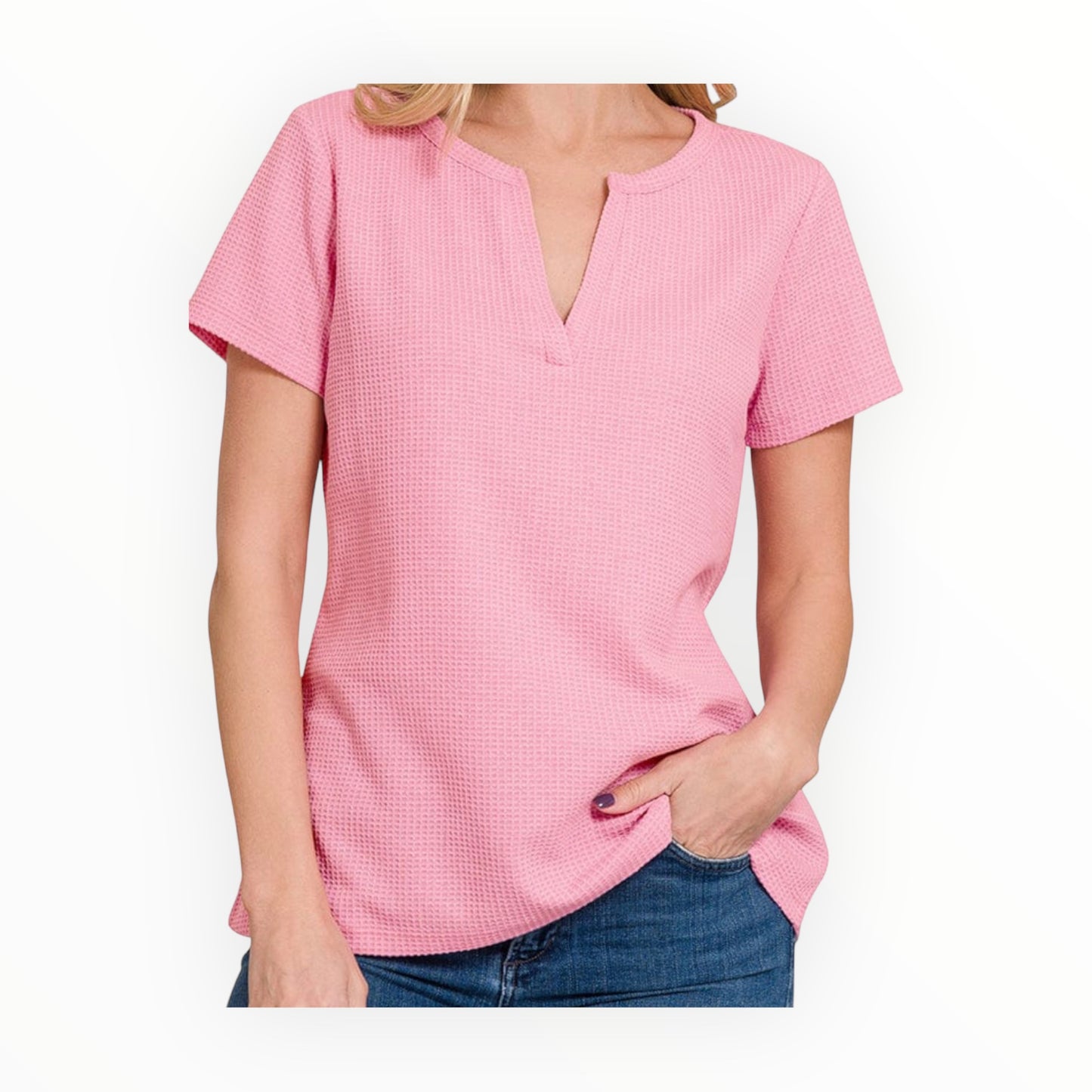 Melange Waffle V-Neck Top