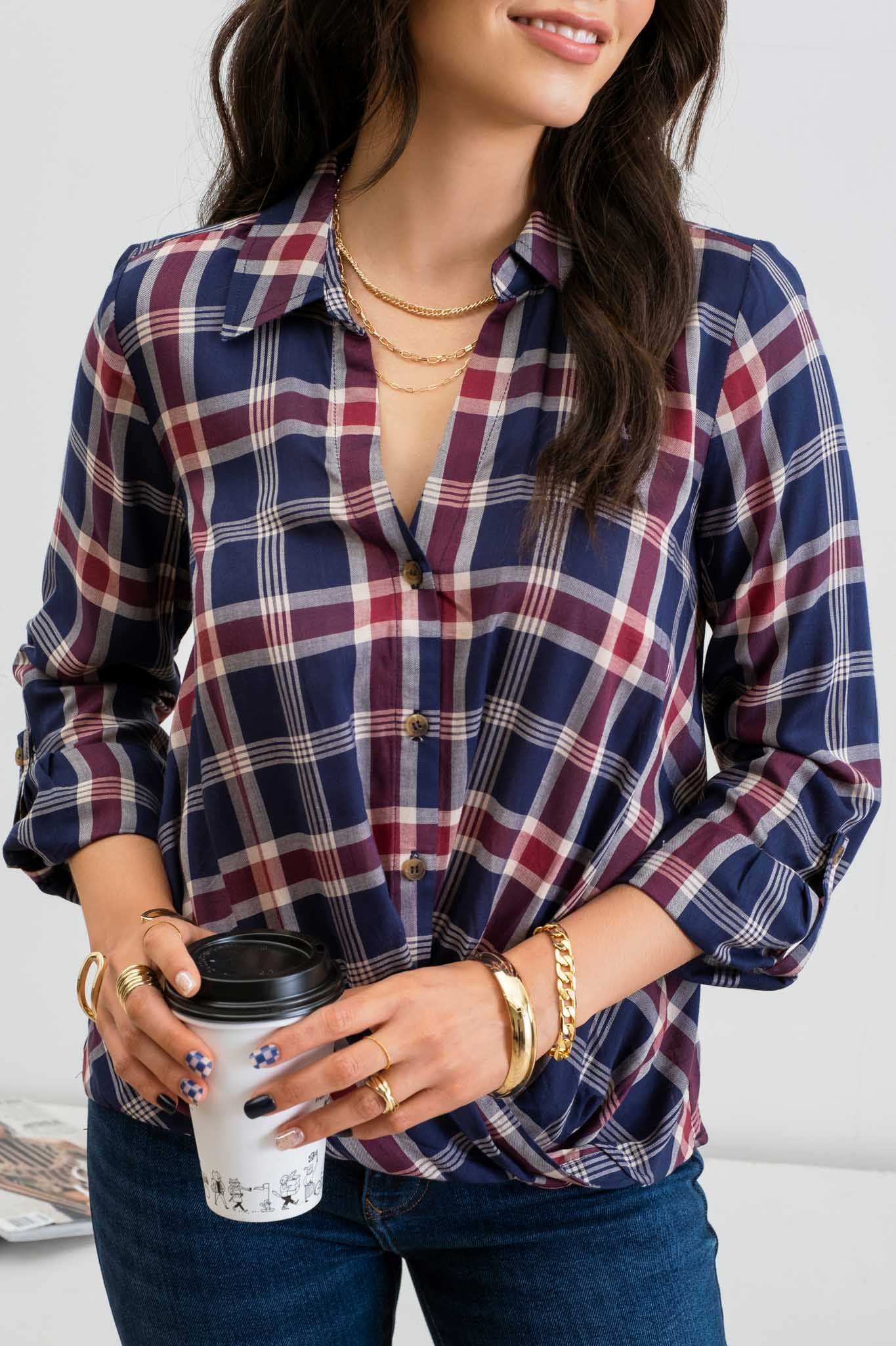 Plaid Button Down Wrap Front Top