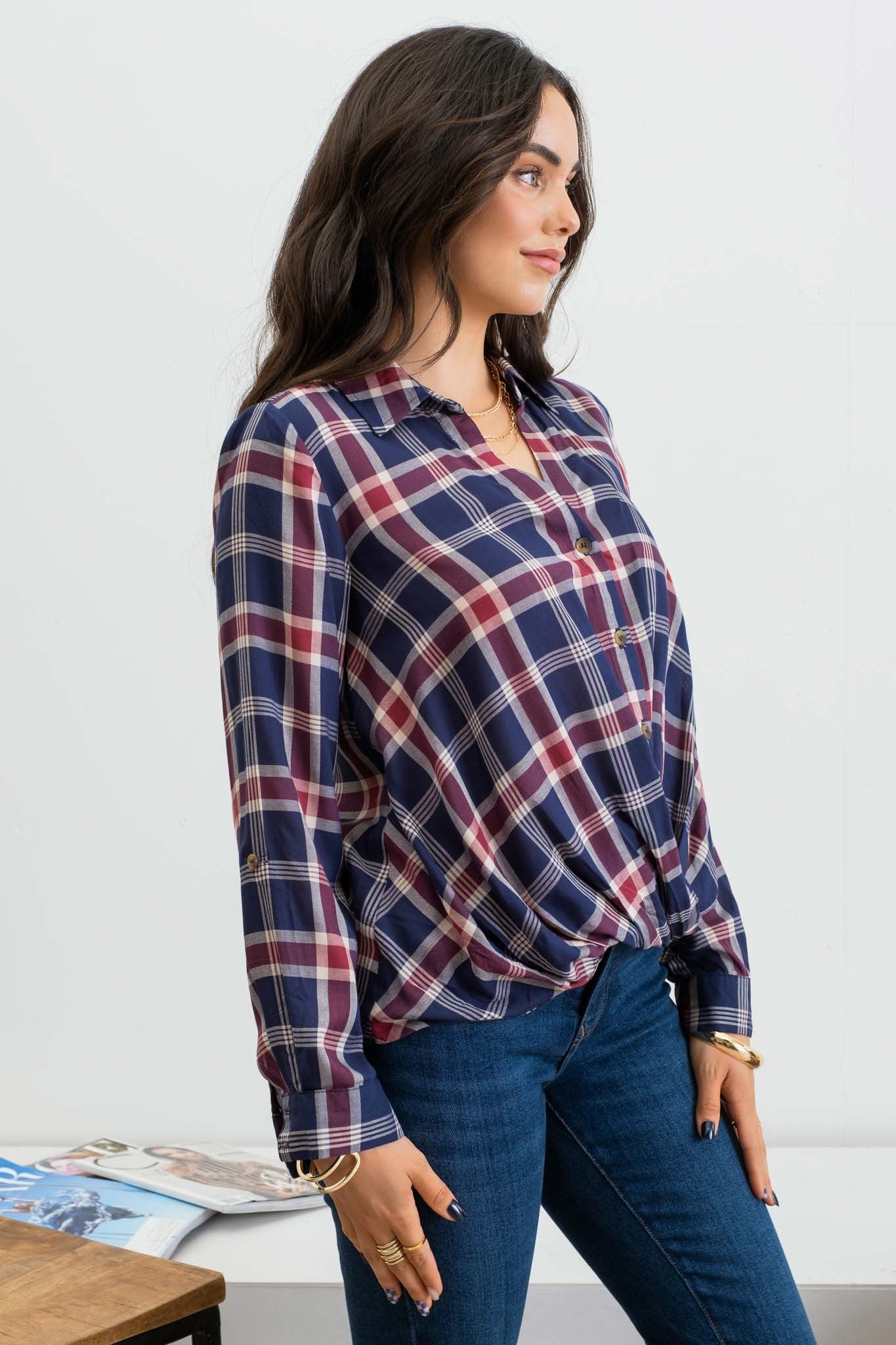 Plaid Button Down Wrap Front Top