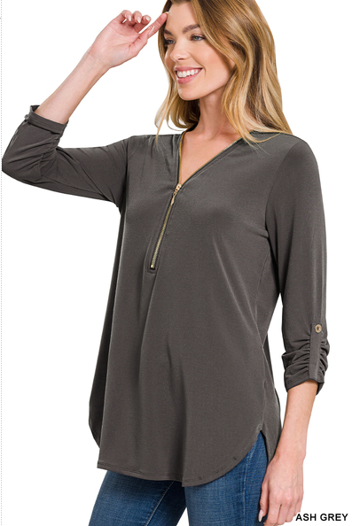 The Rosa ITY Front Zip 3/4 Sleeve Top