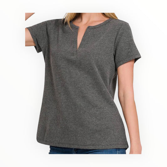 Melange Waffle V-Neck Top
