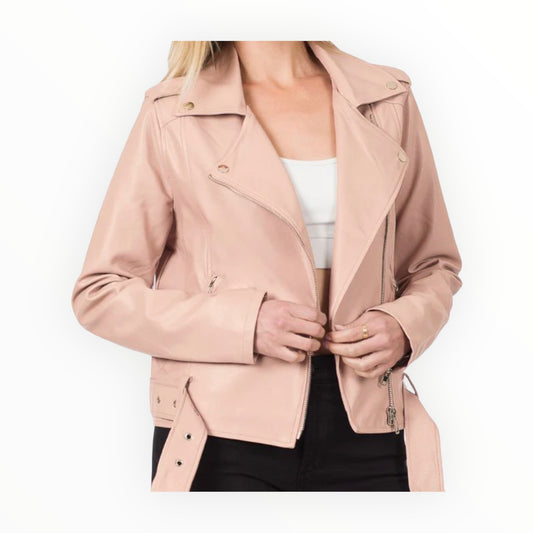 Vegan Leather Belted Moto Jacket